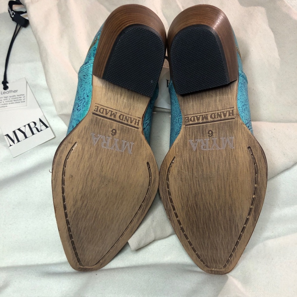 Myra Turquoise Ankle Booties with Gold Accents. Run Large - Picture 6 of 16
